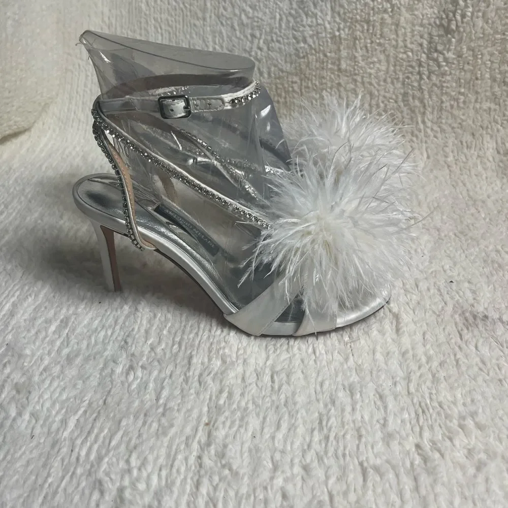 Antonio Melani white Satin Feathered &Rhinestones ankle strap heel Sandals.SZ9M